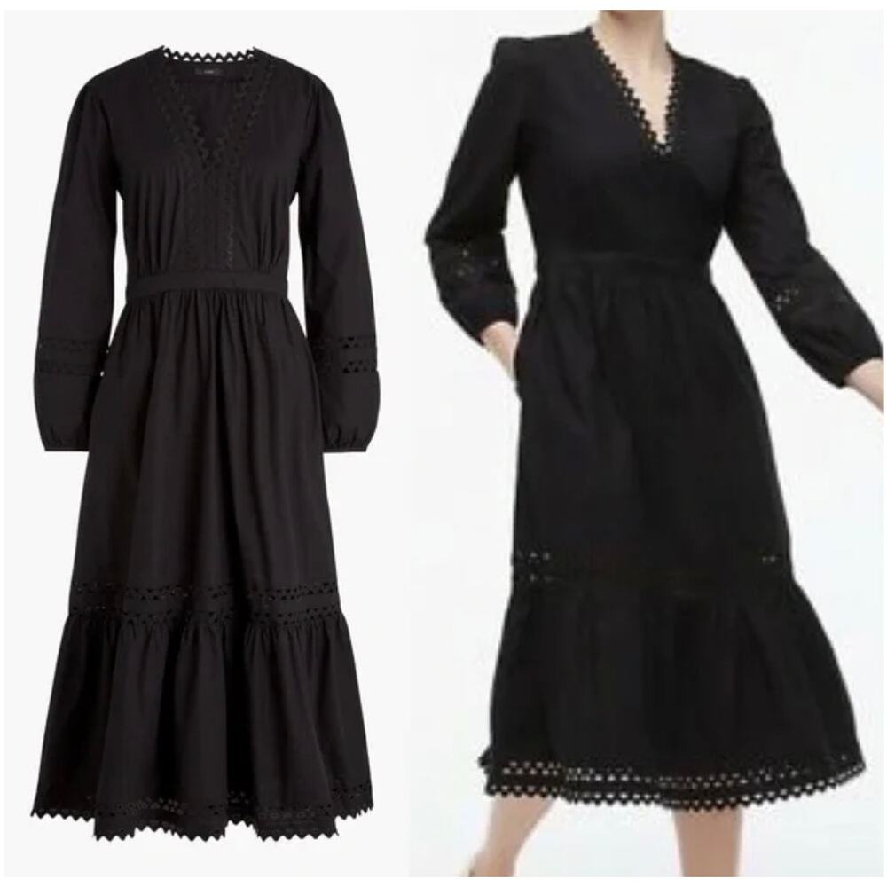 J.Crew Long Sleeve Eyelet-Trim Tiered Midi Dress Cotton Poplin Size SV-Neck Boho